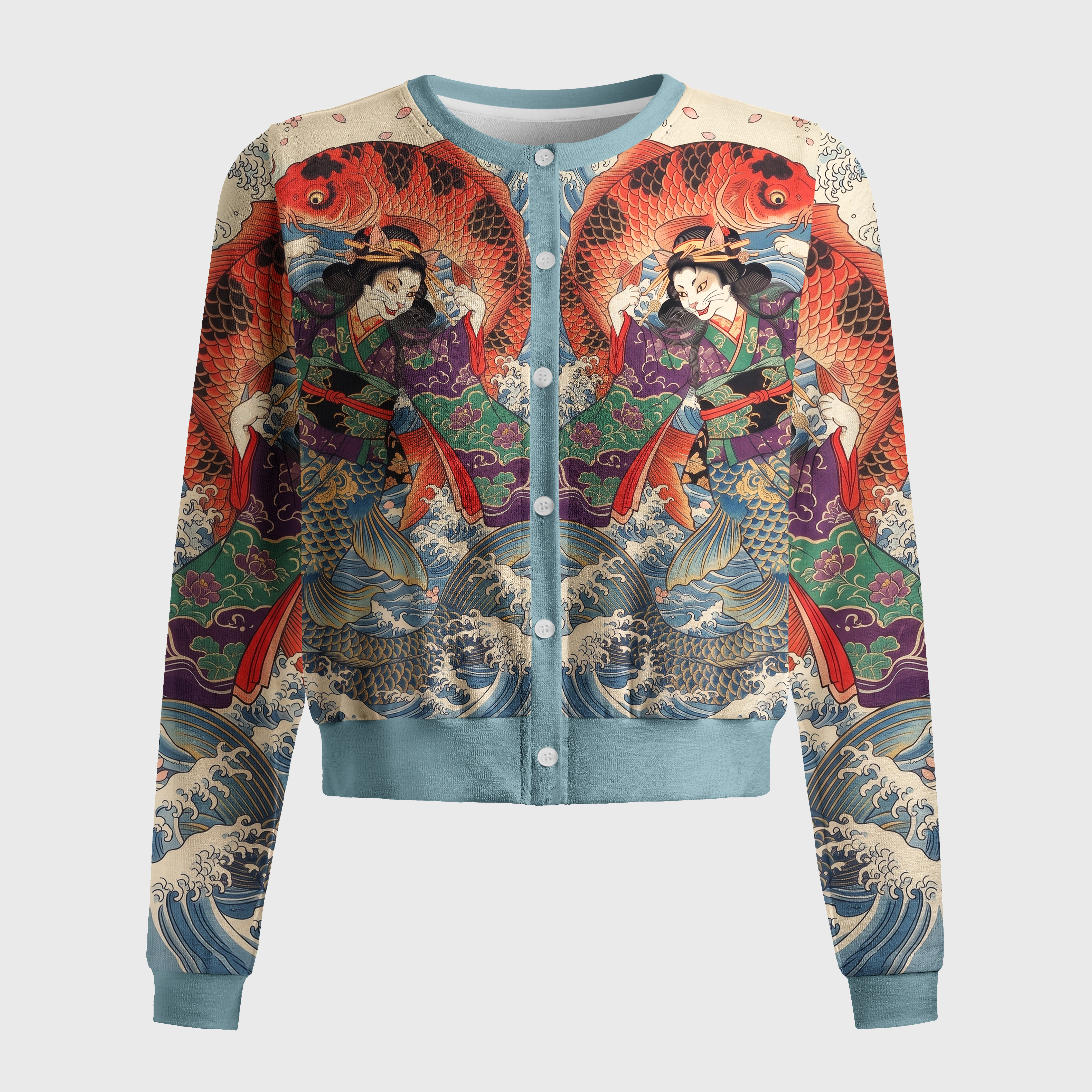 Tokyo-Tiger Ukiyo-E Cat Geisha Koi Fish Women's Lightweight Cardigan
