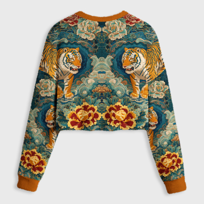 Tokyo-Tiger Imperial Tiger Tapestry Special Version Women's Fuzzy Cropped Sweatshirt