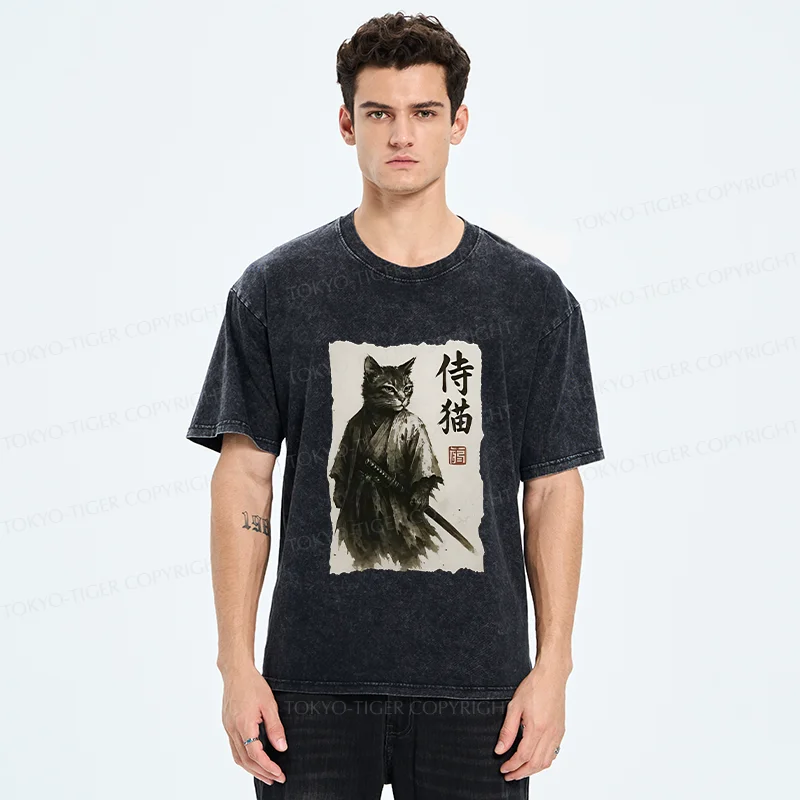 Tokyo-Tiger Cat Japanese Samurai Washed T-Shirt