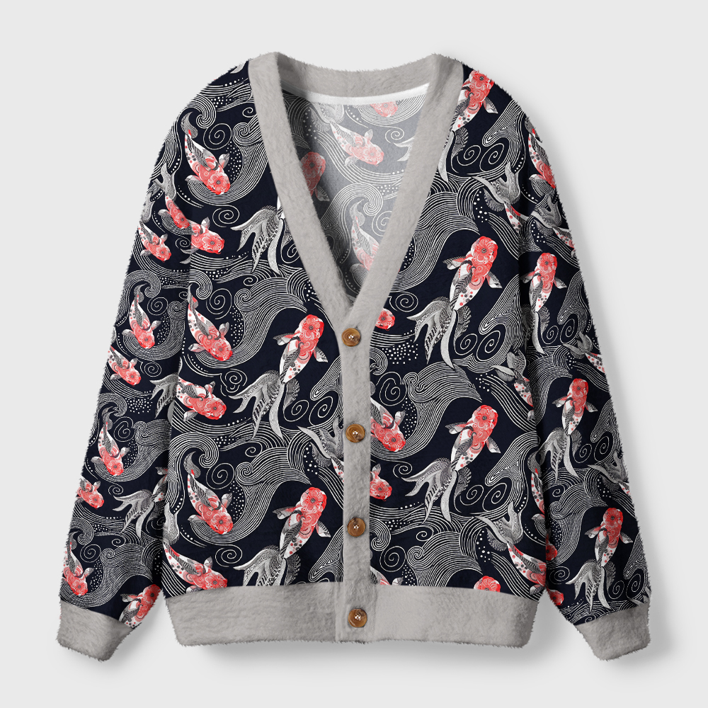 Tokyo-Tiger Koi And Currents Ugly Cardigan Sweater