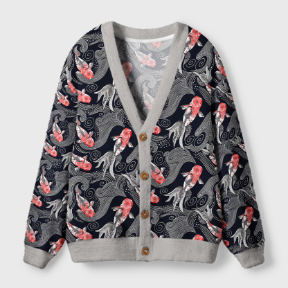Tokyo-Tiger Koi And Currents Ugly Cardigan Sweater