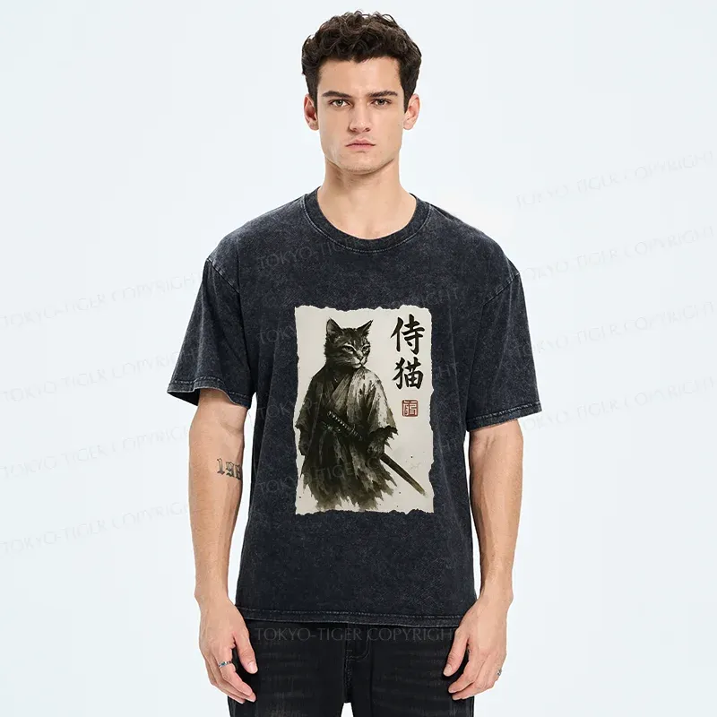 Tokyo-Tiger Cat Japanese Samurai Washed T-Shirt
