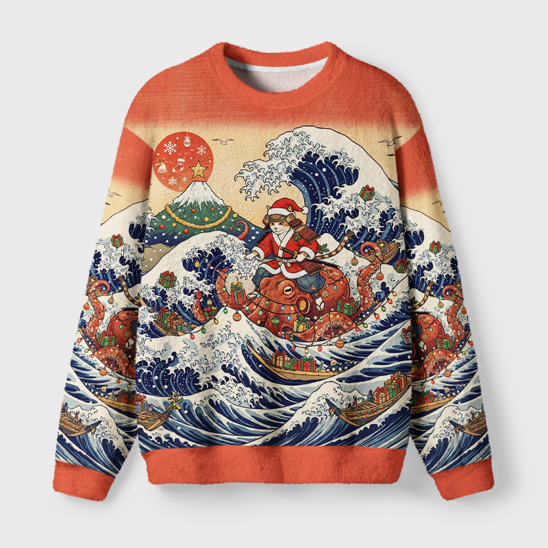 Tokyo-Tiger Ukiyo-E Christmas Samurai Cat Riding Octopus Fuzzy Christmas Ugly Sweatshirt