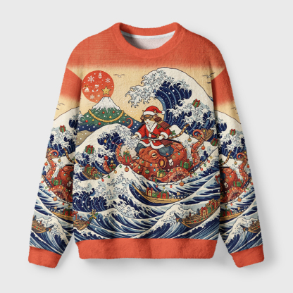 Tokyo-Tiger Ukiyo-E Christmas Samurai Cat Riding Octopus Fuzzy Christmas Ugly Sweatshirt