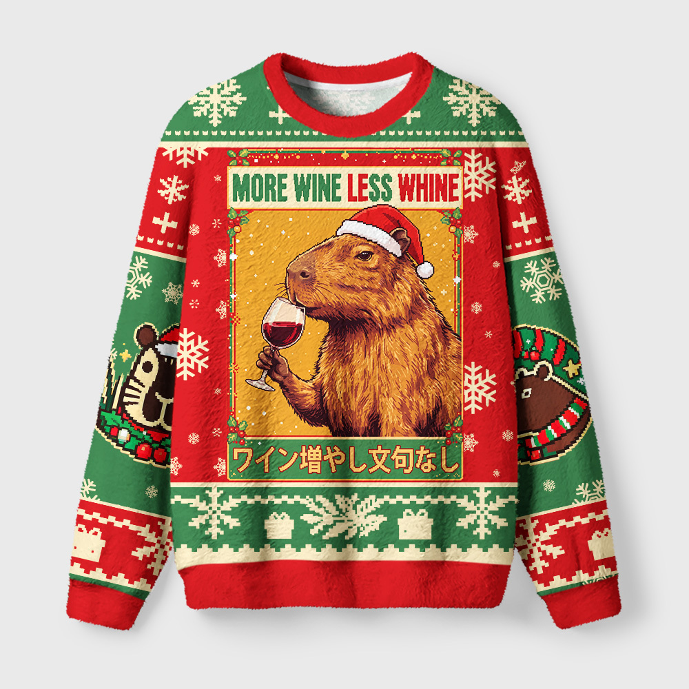 Tokyo-Tiger More Wine Less Whine Fuzzy Christmas Ugly Sweatshirt