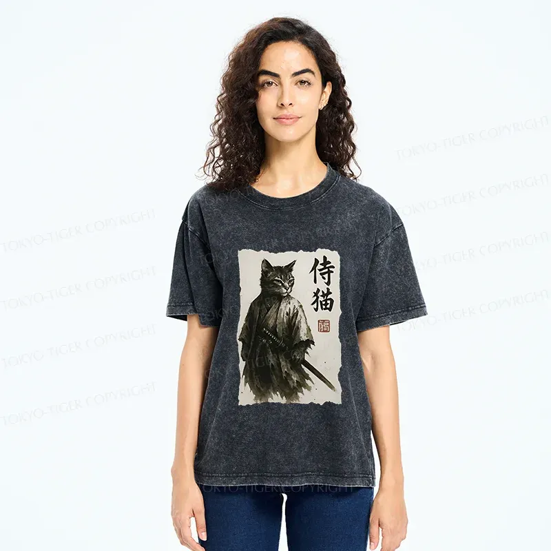 Tokyo-Tiger Cat Japanese Samurai Washed T-Shirt