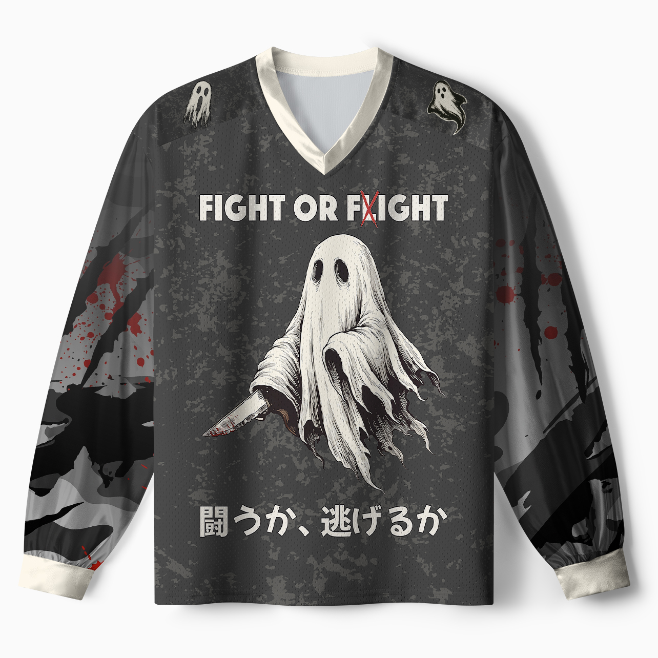 Tokyo-Tiger Spooky Ghost with Knife Paneled Long Sleeve Jersey