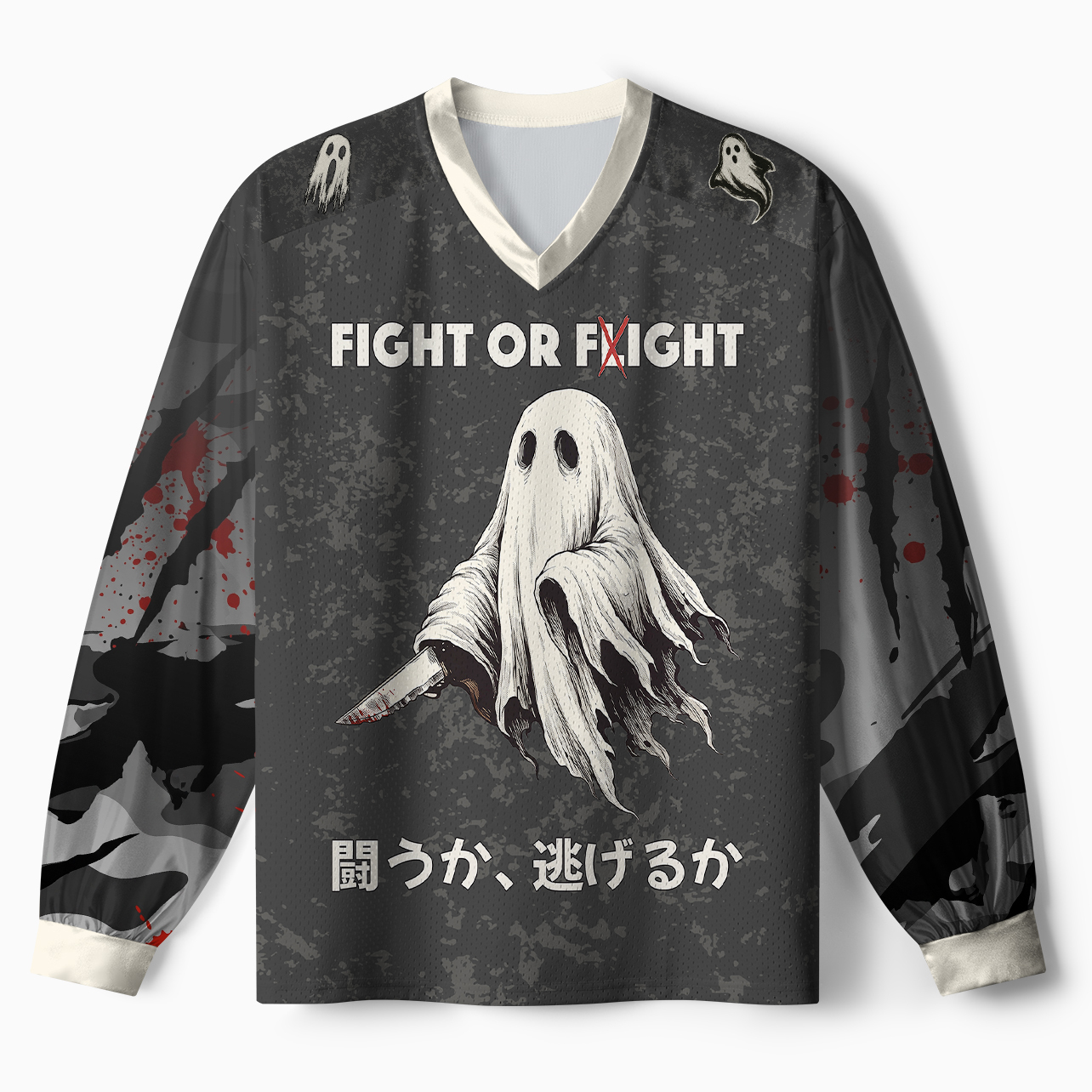 Tokyo-Tiger Spooky Ghost with Knife Paneled Long Sleeve Jersey