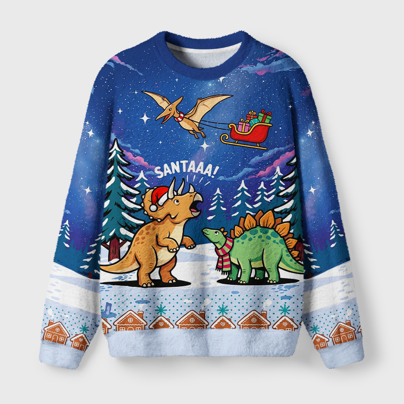 Tokyo-Tiger Cute Dino Christmas Fuzzy Christmas Ugly Sweatshirt