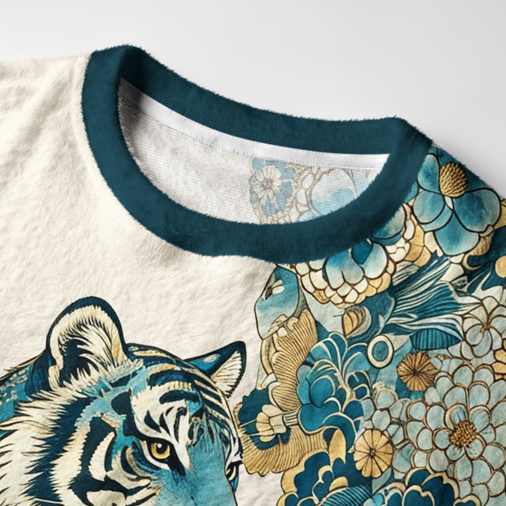 Tokyo-Tiger Cloud‑Resting Floral Fuzzy Christmas Ugly Sweatshirt