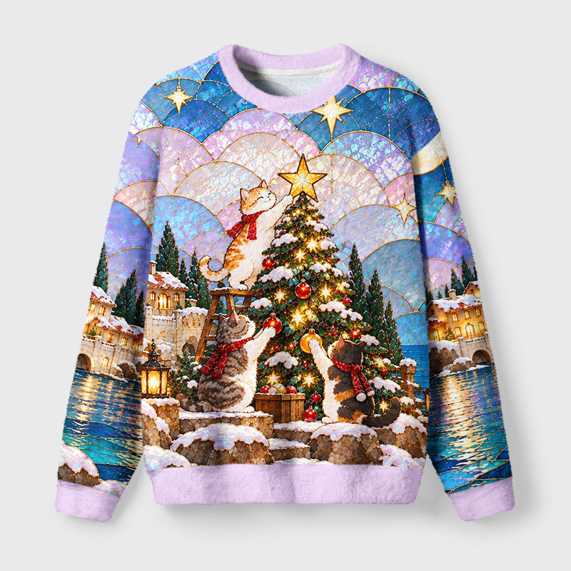Tokyo-Tiger Stained Glass Holiday Cats Fuzzy Christmas Ugly Sweatshirt