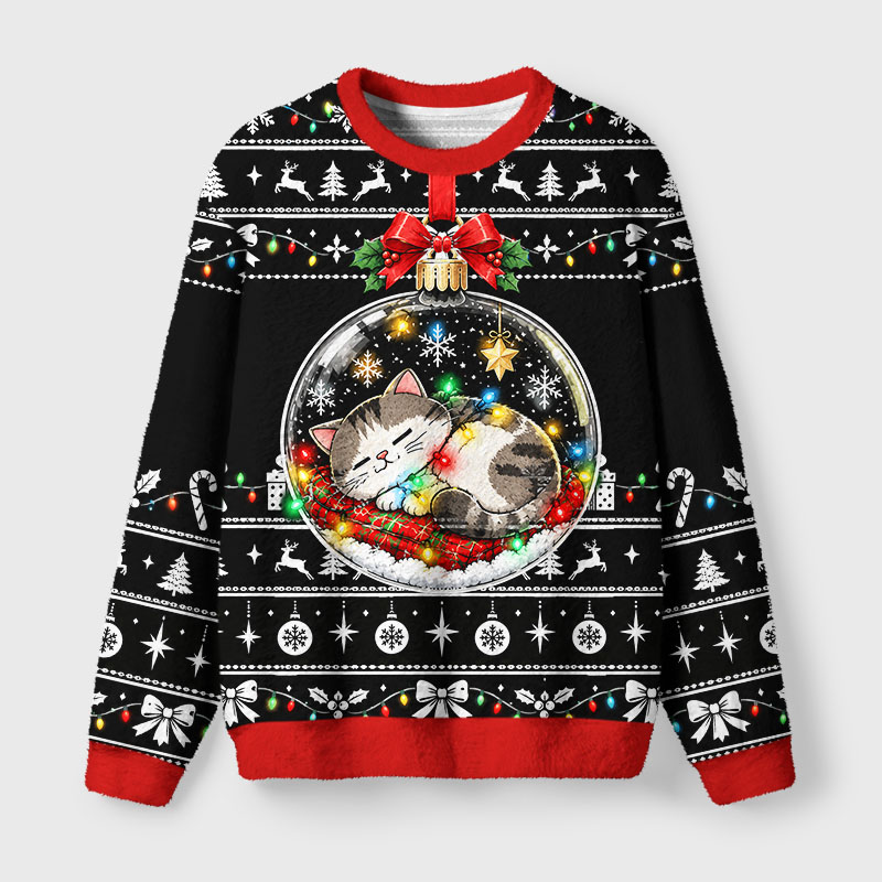 Tokyo-Tiger Christmas Ball Napping Cat Fuzzy Christmas Ugly Sweatshirt