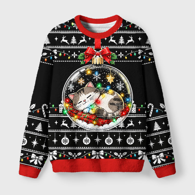 Tokyo-Tiger Christmas Ball Napping Cat Fuzzy Christmas Ugly Sweatshirt