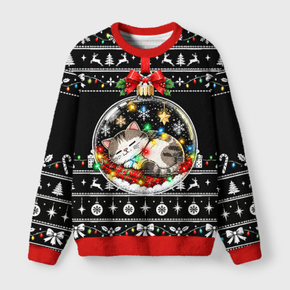 Tokyo-Tiger Christmas Ball Napping Cat Fuzzy Christmas Ugly Sweatshirt