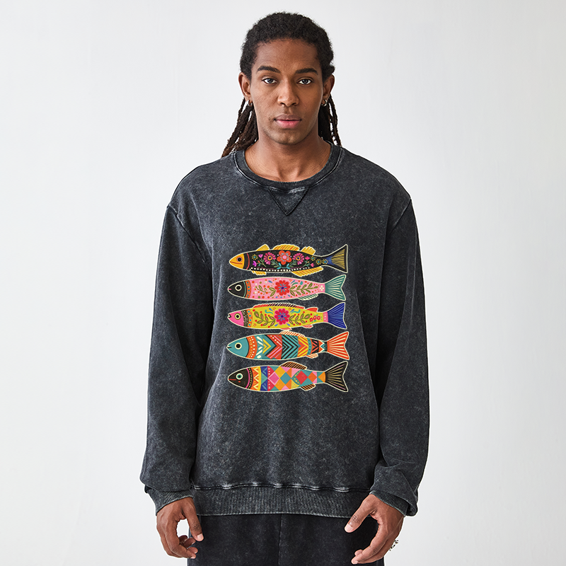 Tokyo-Tiger Colorful Patterned Fish Washed Terry Sweatshirt