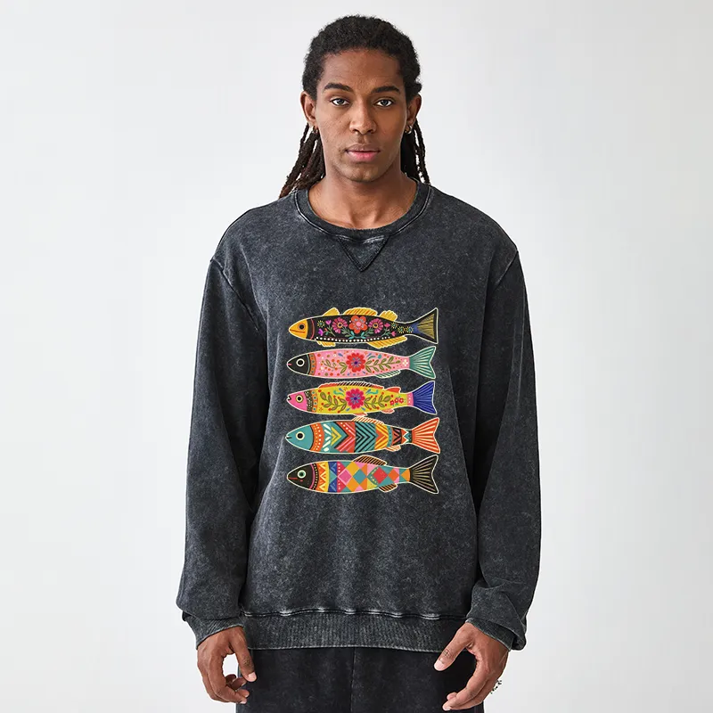 Tokyo-Tiger Colorful Patterned Fish Washed Terry Sweatshirt