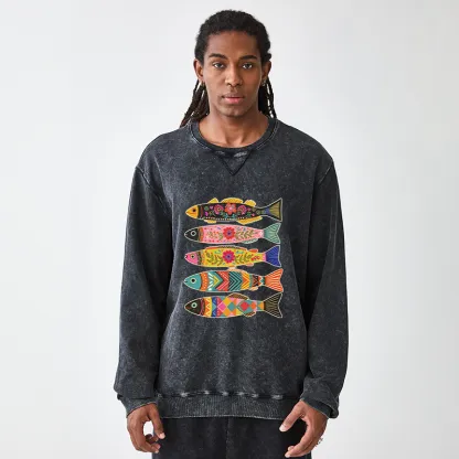Tokyo-Tiger Colorful Patterned Fish Washed Terry Sweatshirt