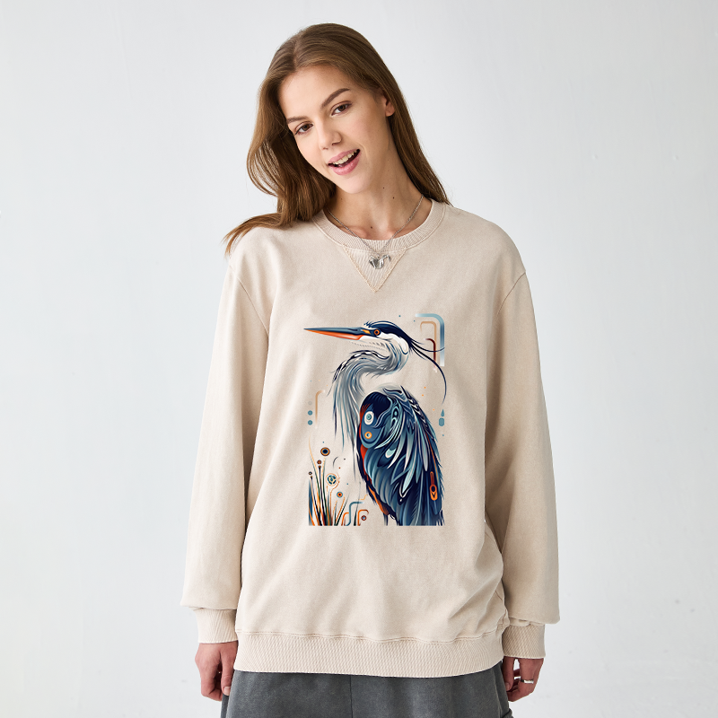 Tokyo-Tiger Stylish Blue Heron Washed Terry Sweatshirt