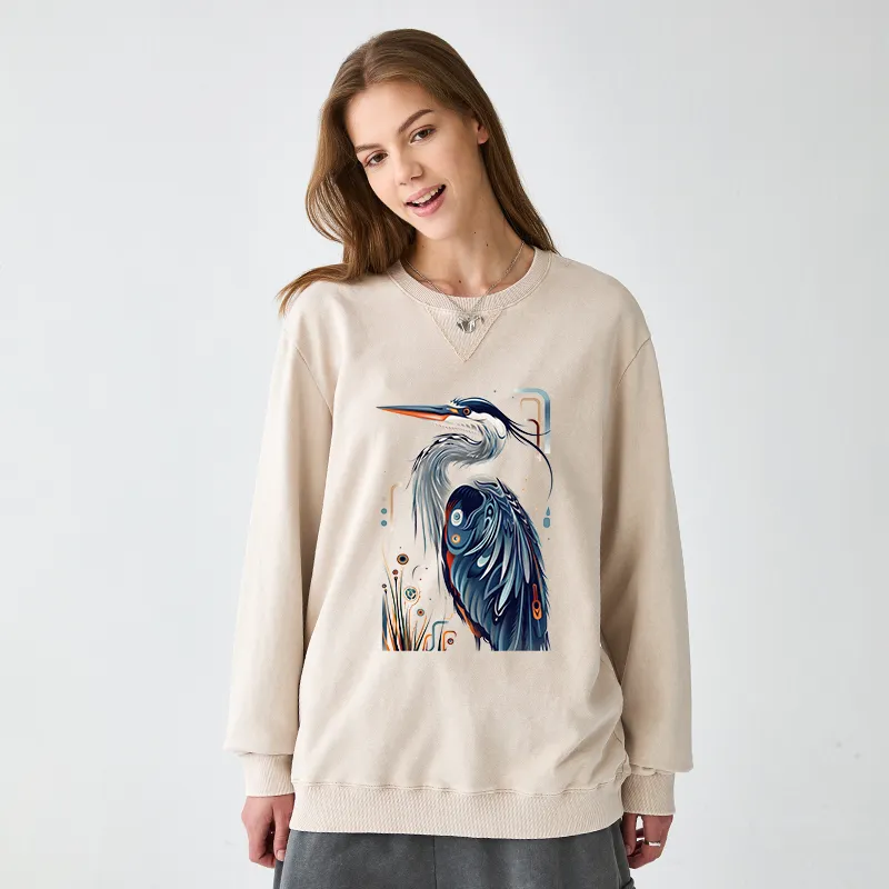 Tokyo-Tiger Stylish Blue Heron Washed Terry Sweatshirt