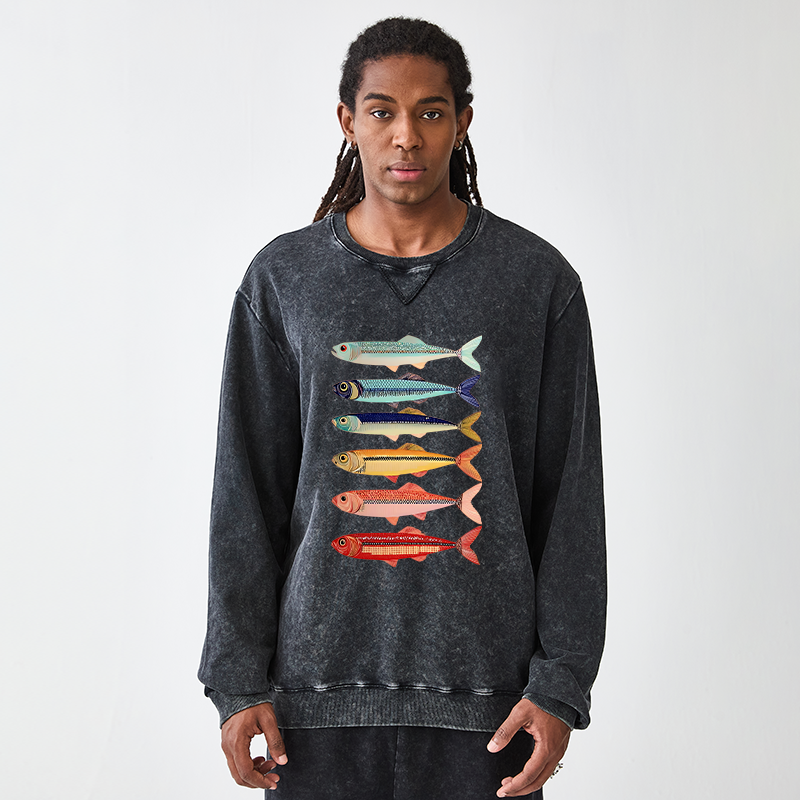 Tokyo-Tiger Colorful Fish Stack Washed Terry Sweatshirt