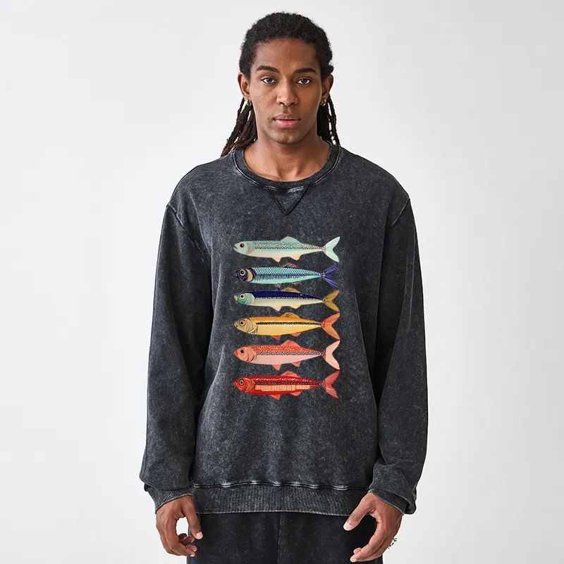 Tokyo-Tiger Colorful Fish Stack Washed Terry Sweatshirt