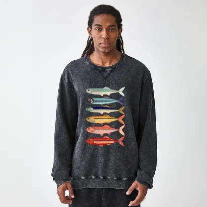 Tokyo-Tiger Colorful Fish Stack Washed Terry Sweatshirt