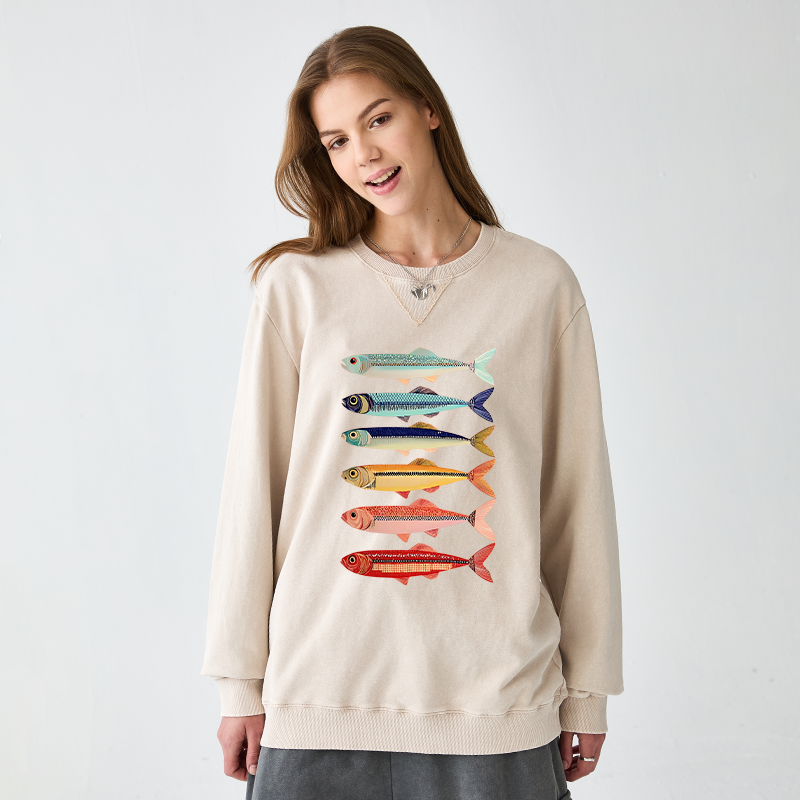 Tokyo-Tiger Colorful Fish Stack Washed Terry Sweatshirt