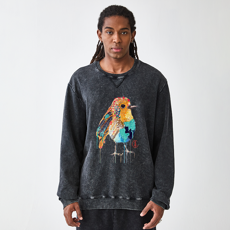 Tokyo-Tiger Sparkly Wild Bird Washed Terry Sweatshirt