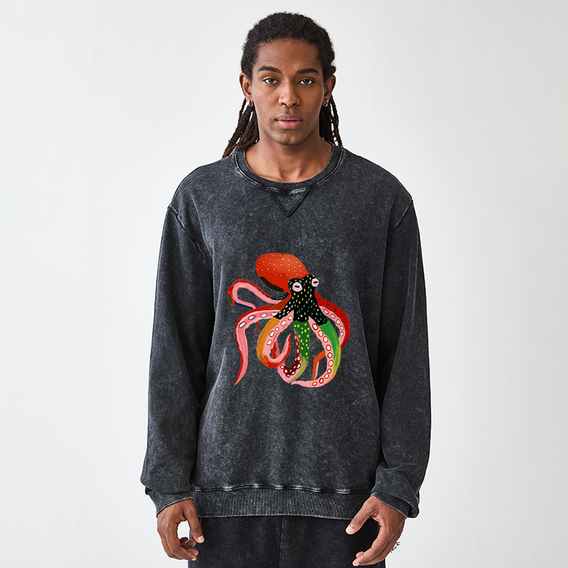Tokyo-Tiger Colorful Octopus Art Washed Terry Sweatshirt