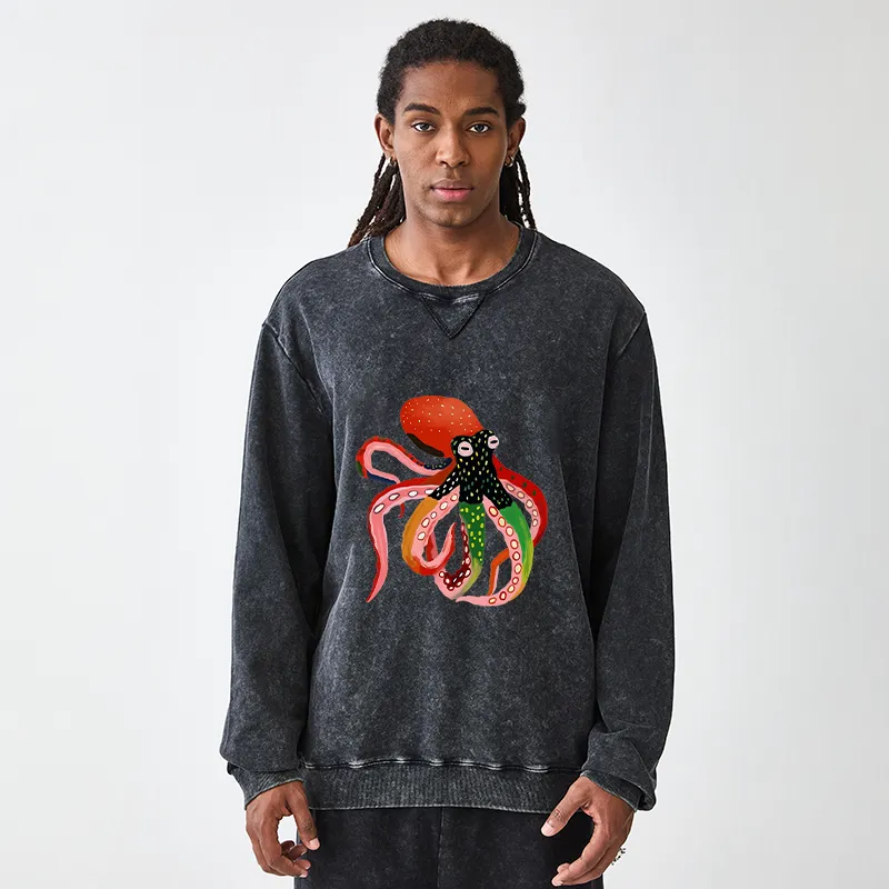Tokyo-Tiger Colorful Octopus Art Washed Terry Sweatshirt