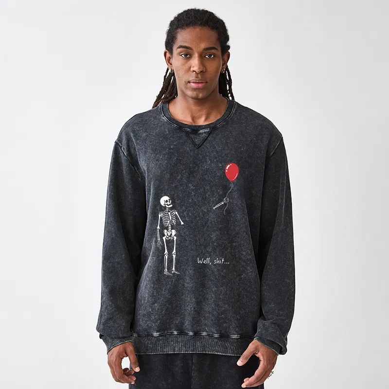 Tokyo-Tiger Skeleton Balloon Meme Washed Terry Sweatshirt