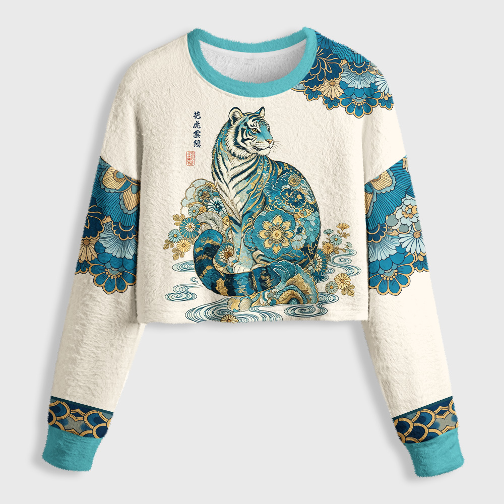 Tokyo-Tiger Cloud‑Resting Floral Women's Fuzzy Cropped Sweatshirt