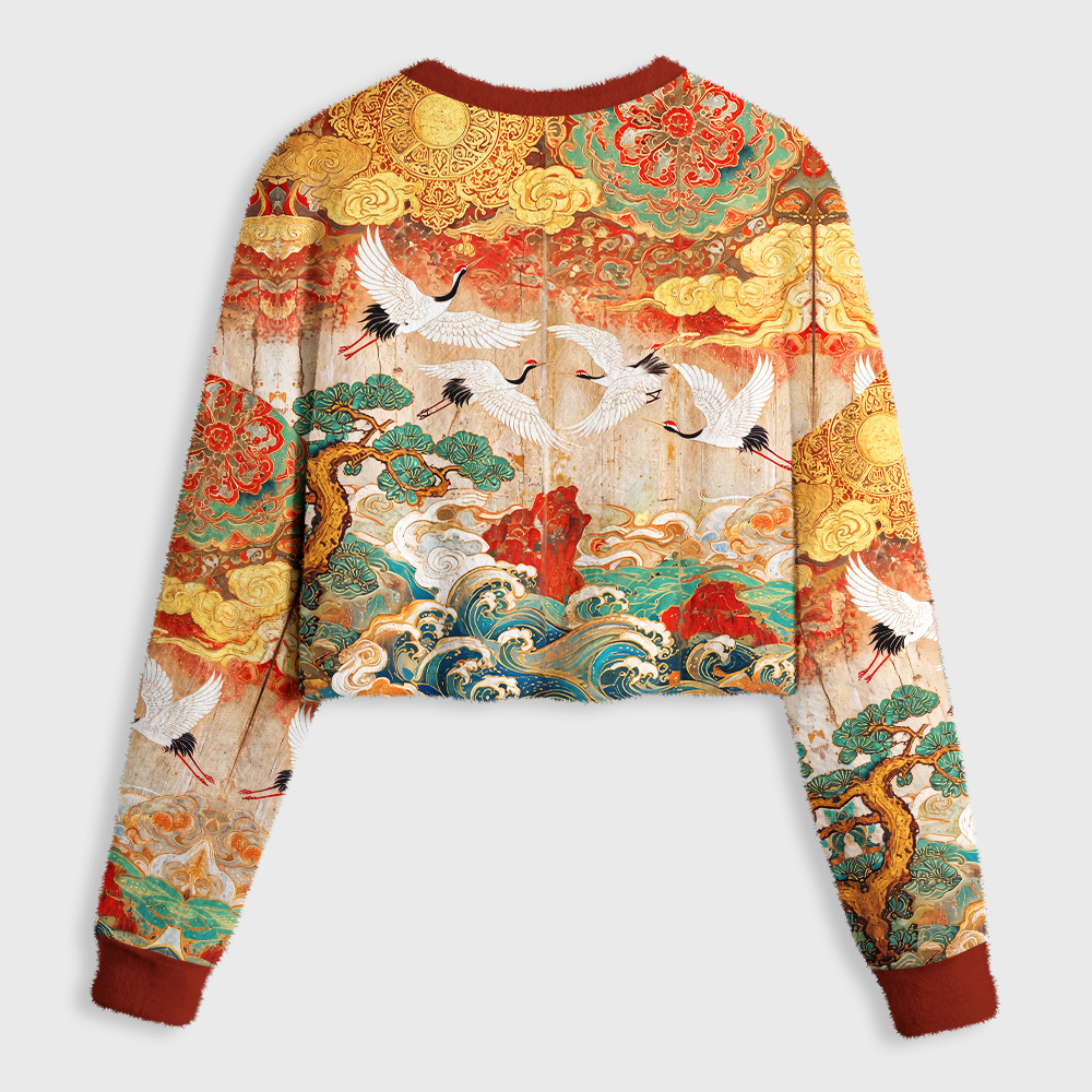 Tokyo-Tiger Golden Clouds Soaring Cranes Women's Fuzzy Cropped Sweatshirt