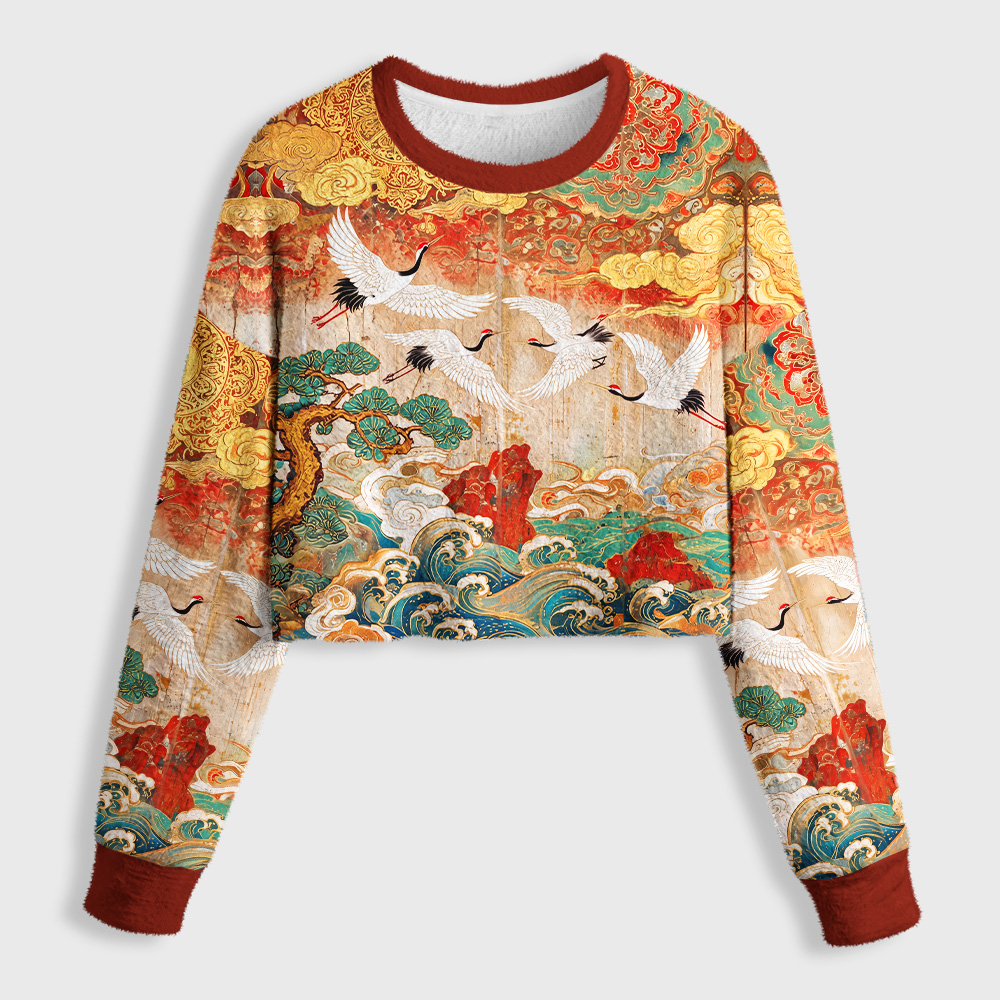 Tokyo-Tiger Golden Clouds Soaring Cranes Women's Fuzzy Cropped Sweatshirt