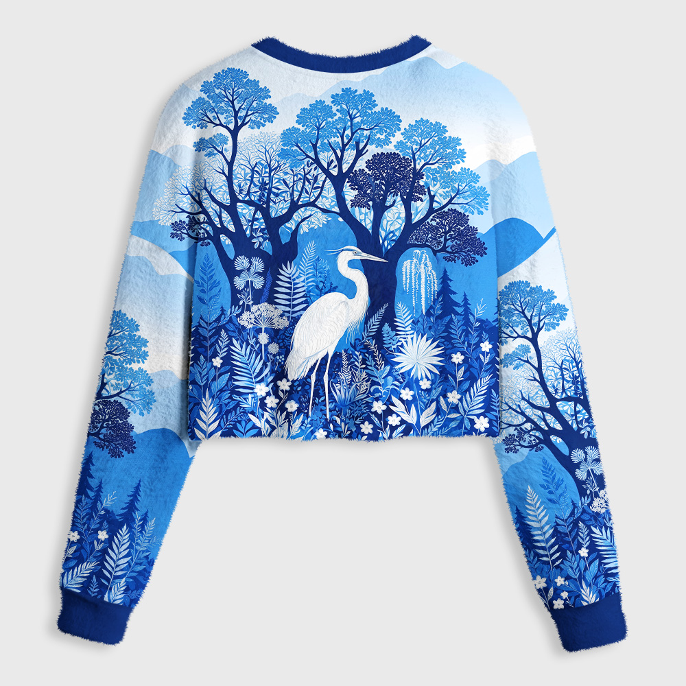 Tokyo-Tiger Blue Forest White Heron Women's Fuzzy Cropped Sweatshirt