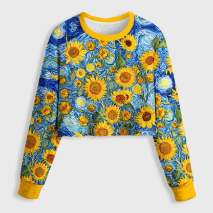 Tokyo-Tiger Van Gogh Starry Sky Sunflowers Women's Fuzzy Cropped Sweatshirt