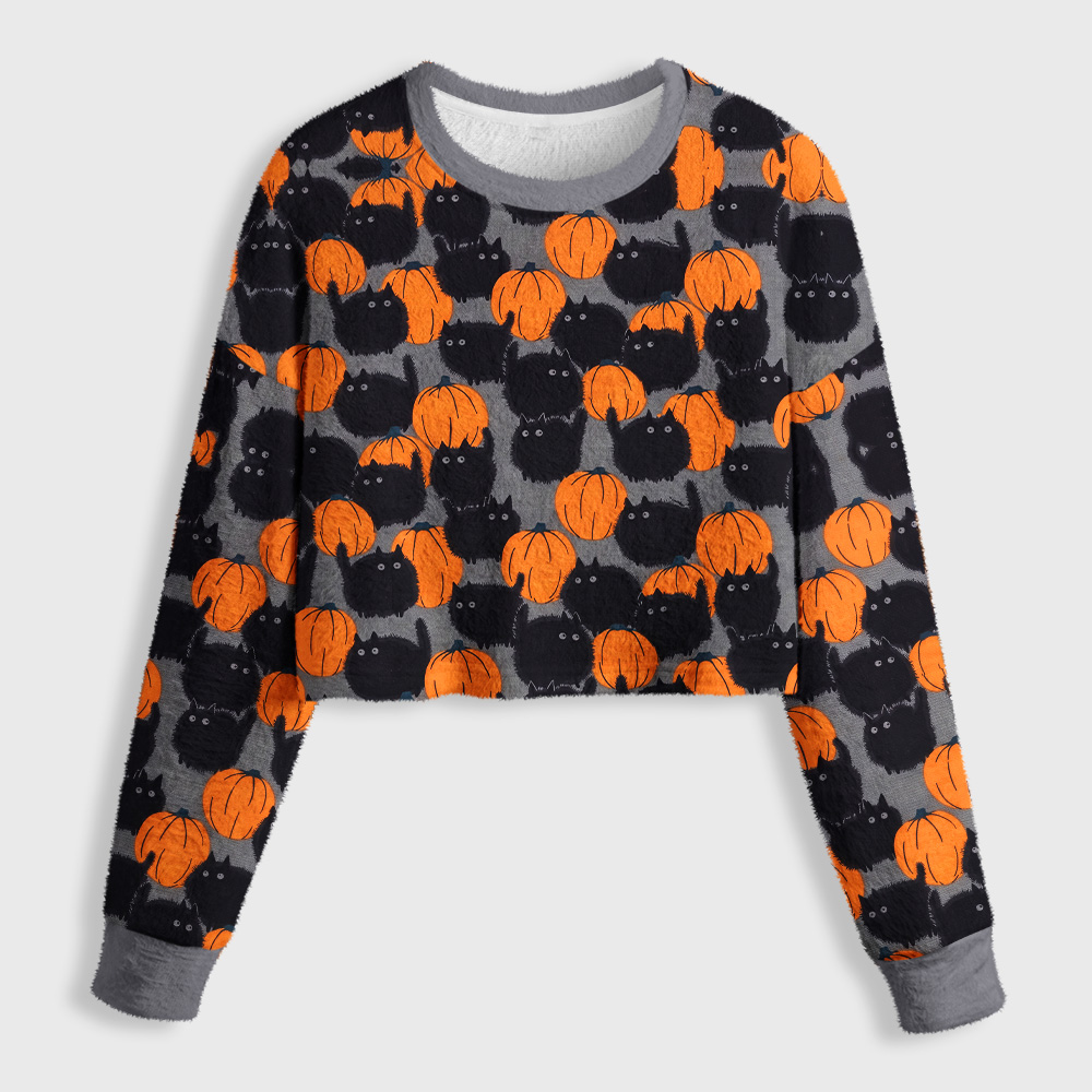 Tokyo-Tiger Halloween Black Cat Pumpkin Women's Fuzzy Cropped Sweatshirt