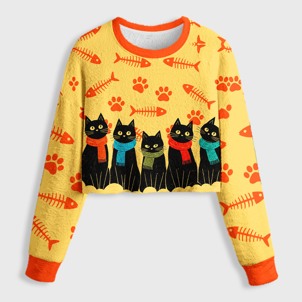 Tokyo-Tiger Cute Scarf Cat Women's Fuzzy Cropped Sweatshirt