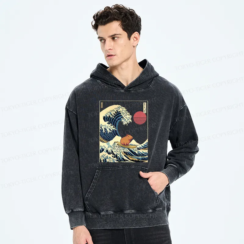Tokyo-Tiger Capybara Surfing Washed Hoodie
