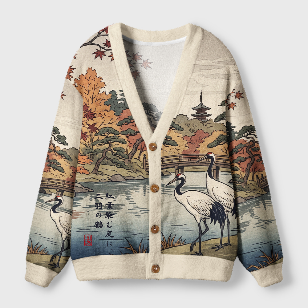 Tokyo-Tiger Two Cranes In Autumn Maple Ugly Cardigan Sweater