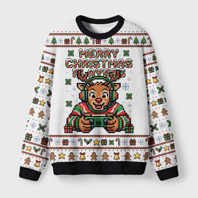 Tokyo-Tiger Funny Players Pixel Reindeer Fuzzy Christmas Ugly Sweatshirt