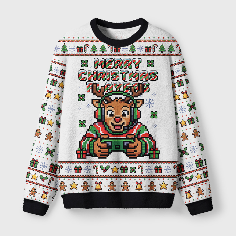 Tokyo-Tiger Funny Players Pixel Reindeer Fuzzy Christmas Ugly Sweatshirt