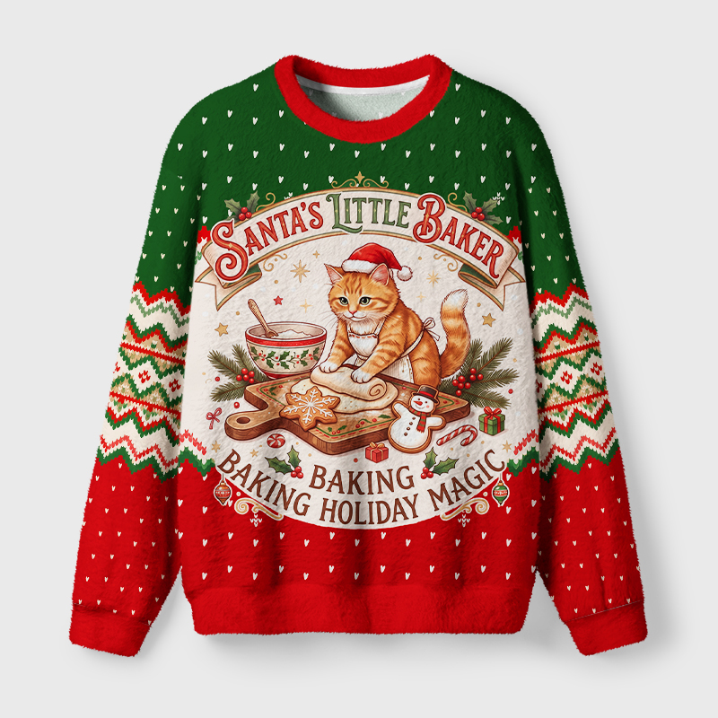 Tokyo-Tiger Santa's Little Baker Cat Fuzzy Christmas Ugly Sweatshirt