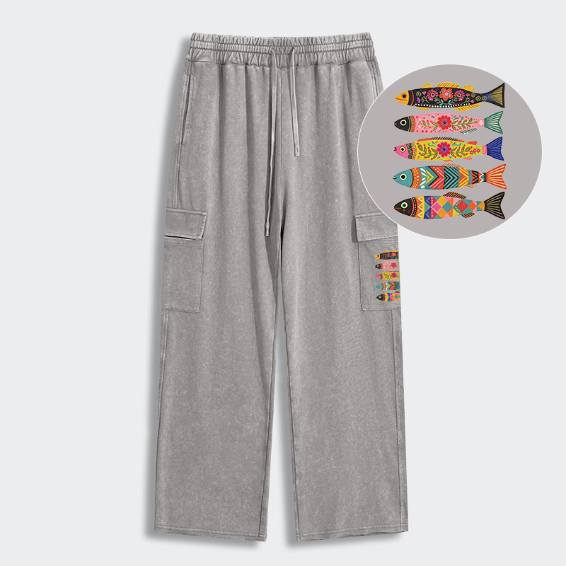 Tokyo-Tiger Colorful Patterned Fish Washed Utility Sweatpants