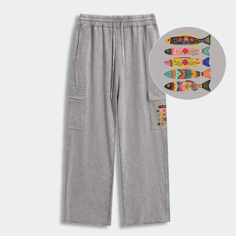 Tokyo-Tiger Colorful Patterned Fish Washed Utility Sweatpants
