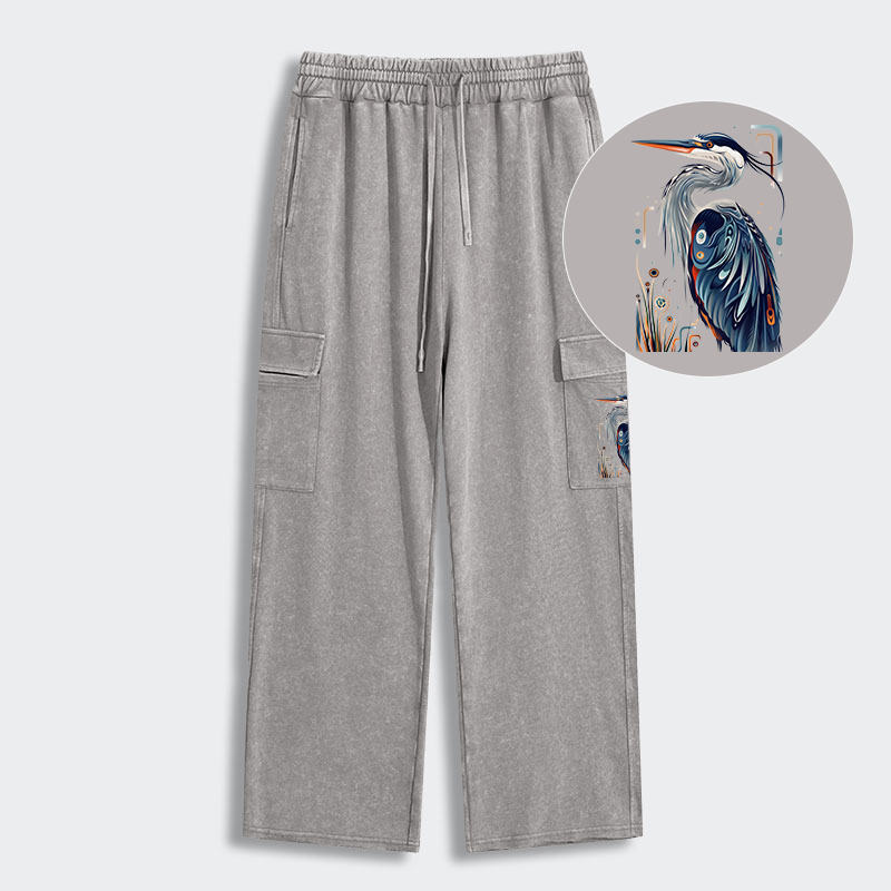 Tokyo-Tiger Stylish Blue Heron Washed Utility Sweatpants
