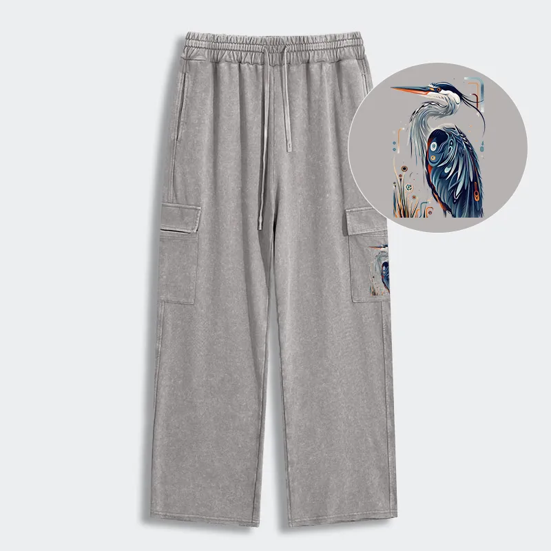 Tokyo-Tiger Stylish Blue Heron Washed Utility Sweatpants