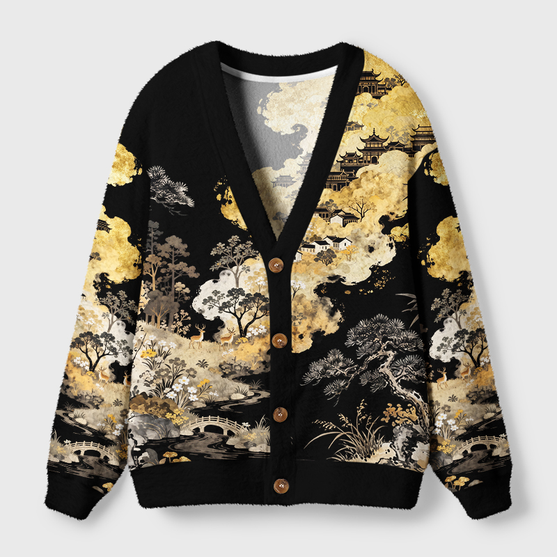 Tokyo-Tiger Vintage Oriental Landscape Ugly Cardigan Sweater