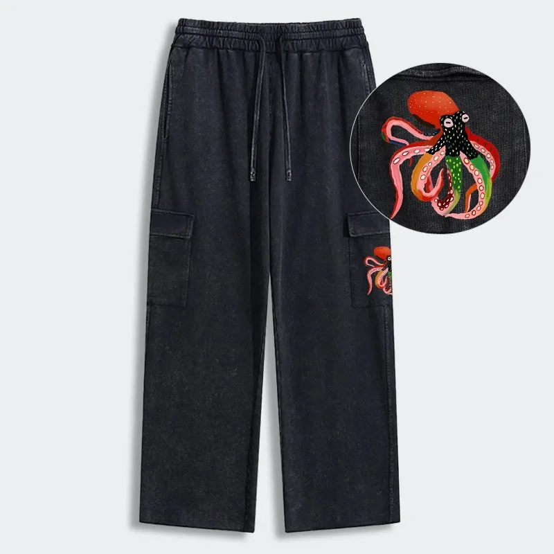 Tokyo-Tiger Colorful Octopus Art Washed Utility Sweatpants