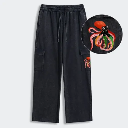 Tokyo-Tiger Colorful Octopus Art Washed Utility Sweatpants